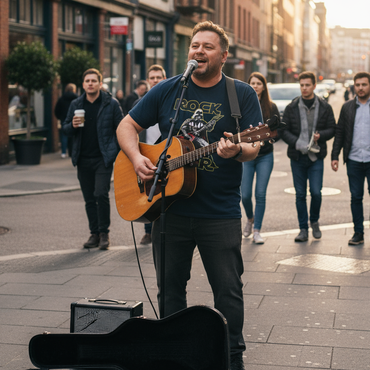 Man playing guitar, wearing a sci fi character t-shirt and singing into a microphone on a city street.