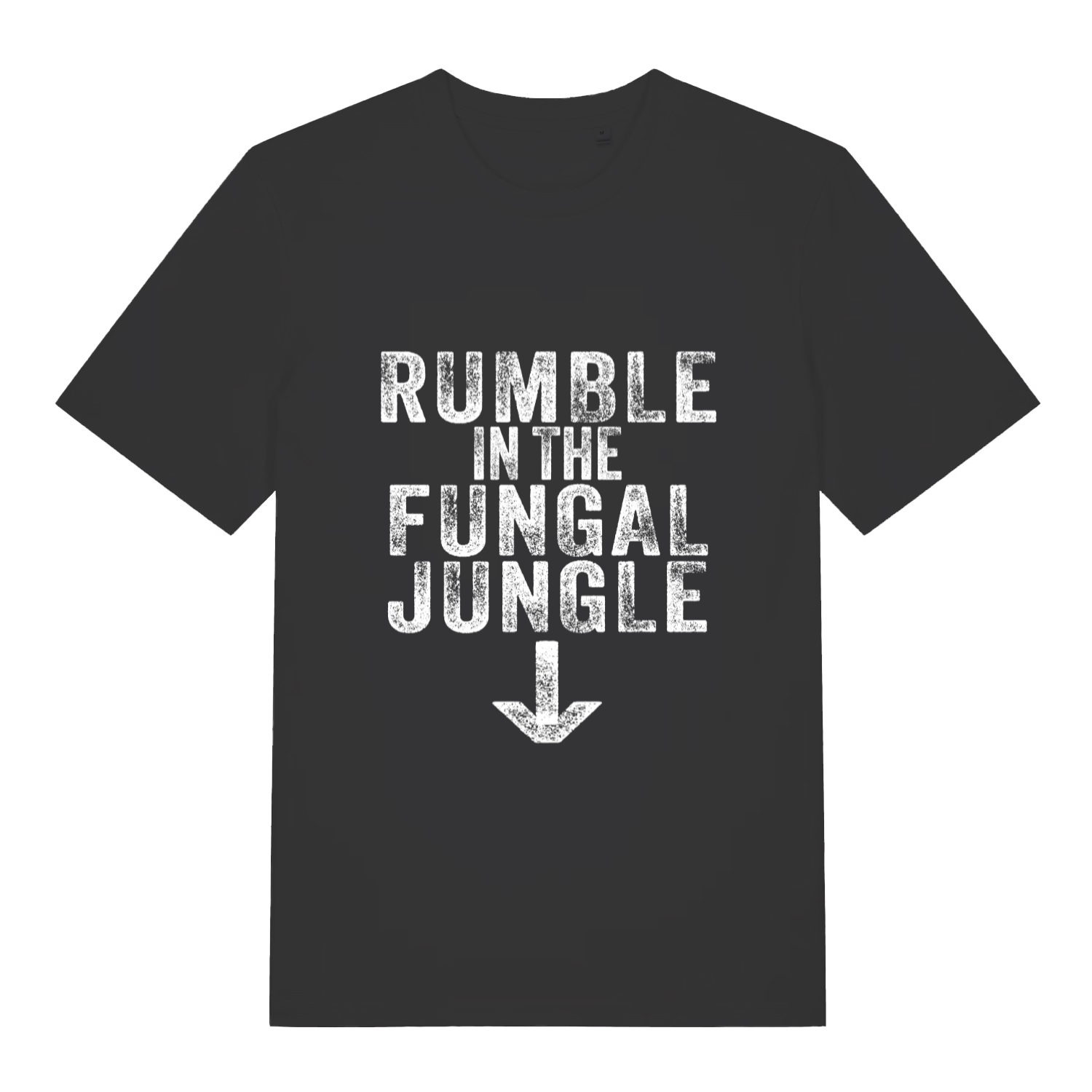 Black Rumble In The Fungal Jungle funny slogan t-shirt with distressed text and arrow  