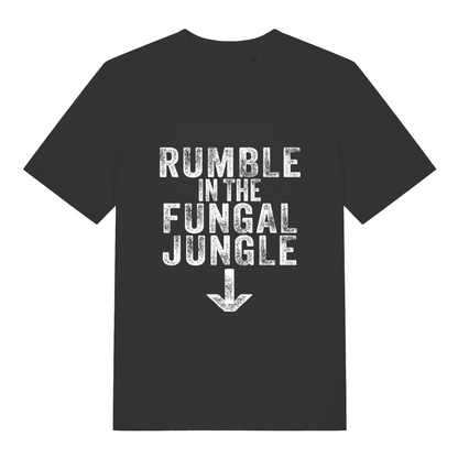 Black Rumble In The Fungal Jungle funny slogan t-shirt with distressed text and arrow  