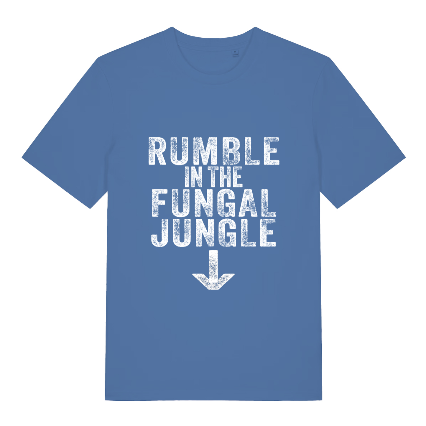Bright blue Rumble In The Fungal Jungle funny slogan t-shirt featuring cheeky rude banter  