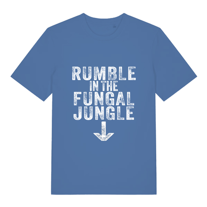Bright blue Rumble In The Fungal Jungle funny slogan t-shirt featuring cheeky rude banter  