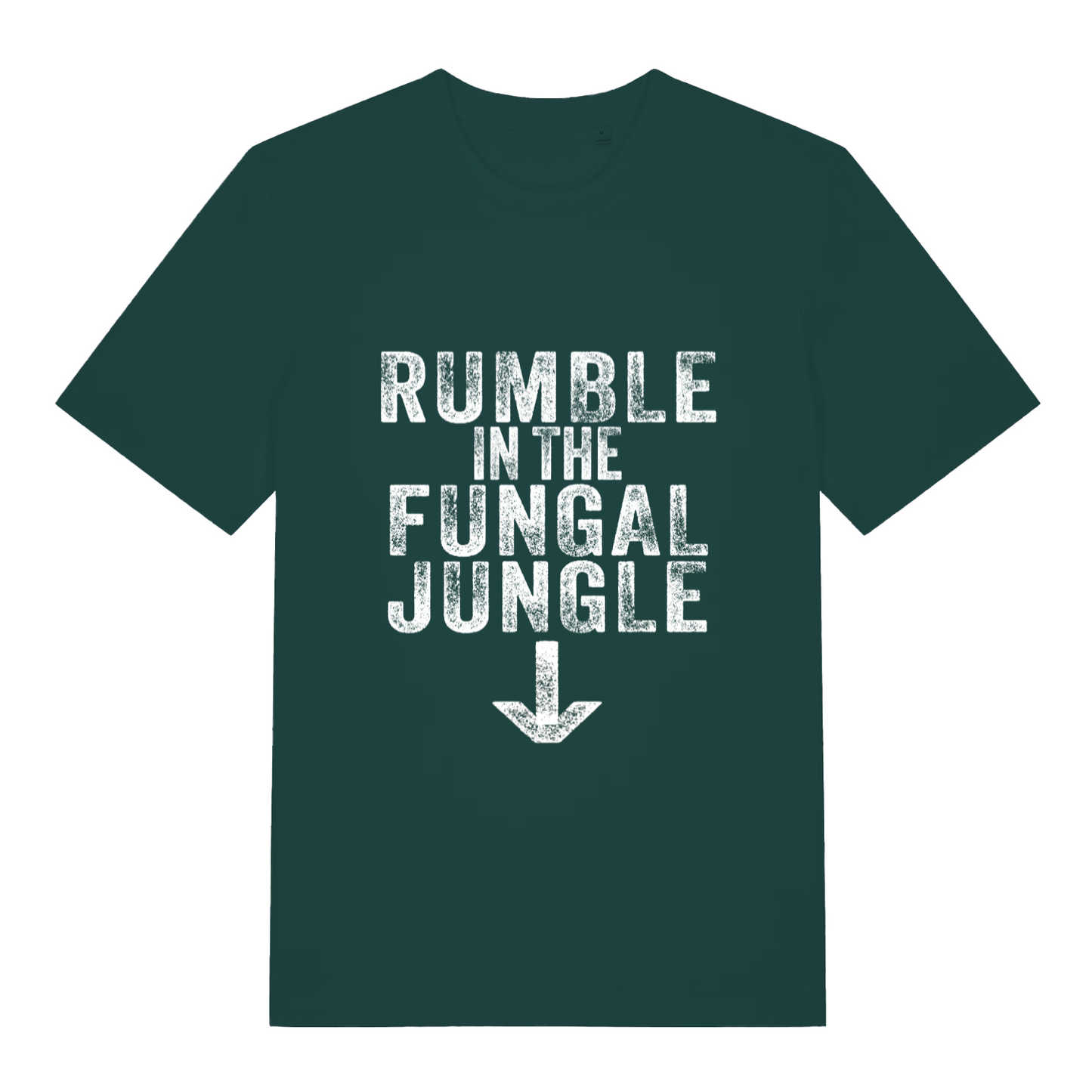 Green Rumble In The Fungal Jungle funny slogan t-shirt with bold fungal jungle lettering  