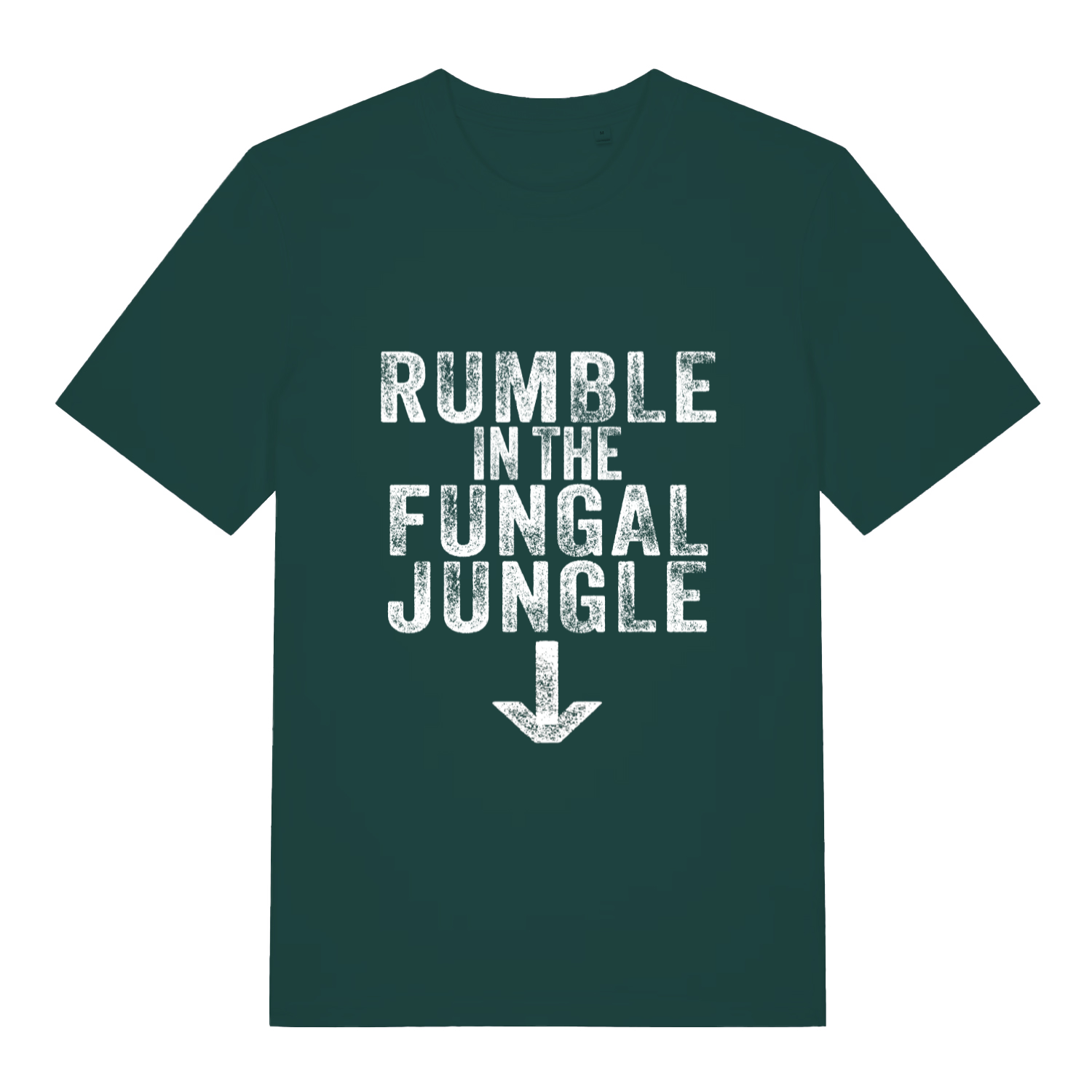 Green Rumble In The Fungal Jungle funny slogan t-shirt with bold fungal jungle lettering  
