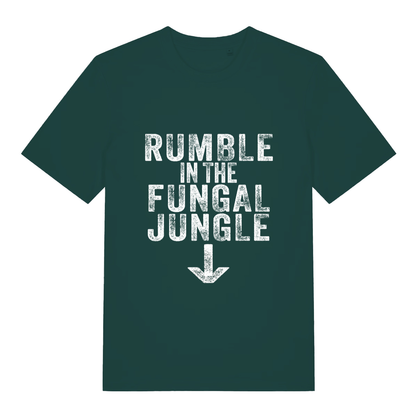 Green Rumble In The Fungal Jungle funny slogan t-shirt with bold fungal jungle lettering  