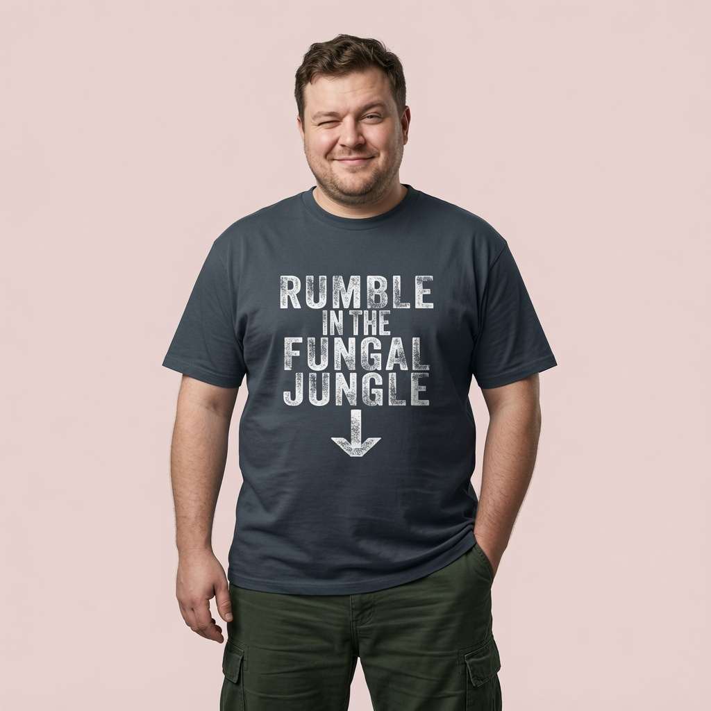 Man winking with hands in his pockets in an ink grey Rumble in the Fungal Jungle t-shirt, funny mens mildly offensive slogan that every cheeky bloke will claim