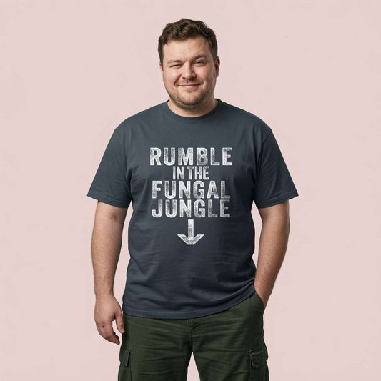 Man winking with hands in his pockets in an ink grey Rumble in the Fungal Jungle t-shirt, funny mens mildly offensive slogan that every cheeky bloke will claim