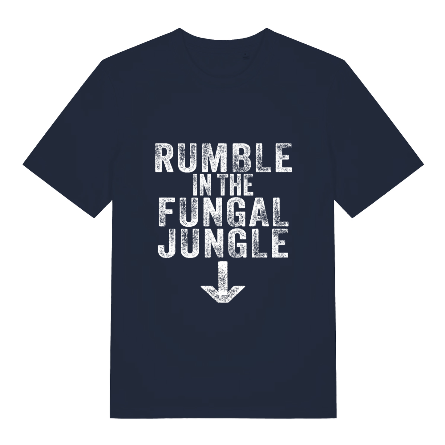 Navy Rumble In The Fungal Jungle funny slogan t-shirt with distressed downward arrow graphic  
