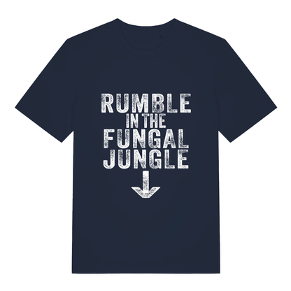 Navy Rumble In The Fungal Jungle funny slogan t-shirt with distressed downward arrow graphic  