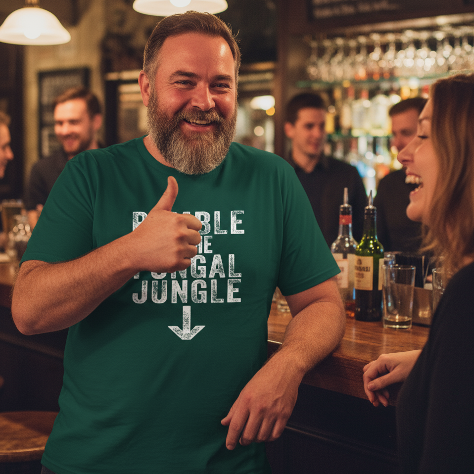 Man in a green funny slogan t-shirt giving a thumbs up in a bar setting