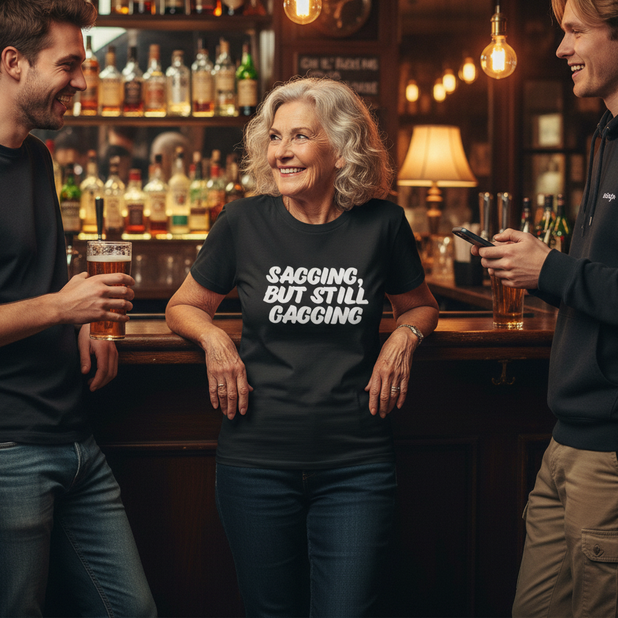Woman wearing a black funny slogan t-shirt with humorous text in a bar setting, surrounded by two men holding drinks.