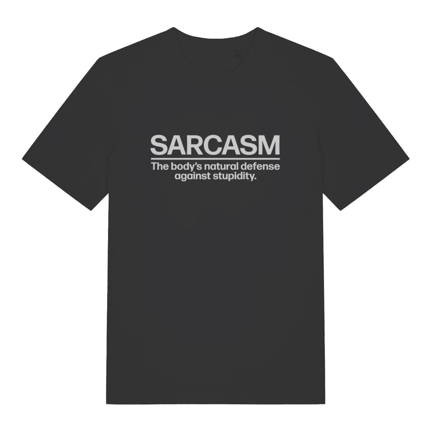Black Sarcasm funny slogan t-shirt with natural defence against stupidity text  
