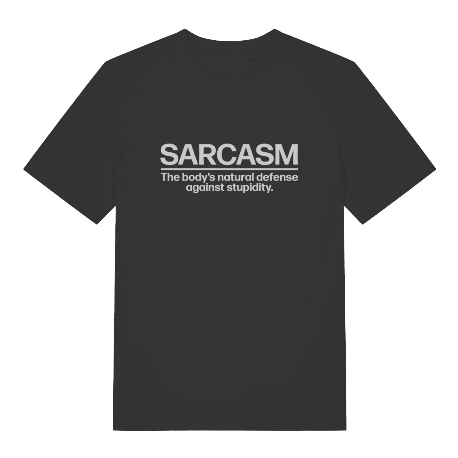 Black Sarcasm funny slogan t-shirt with natural defence against stupidity text  