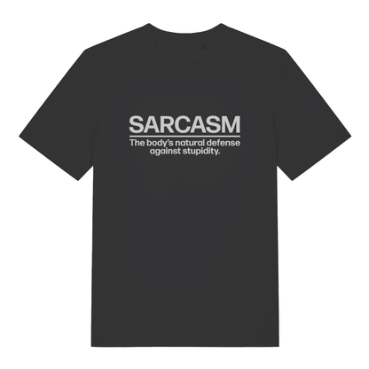 Black Sarcasm funny slogan t-shirt with natural defence against stupidity text  