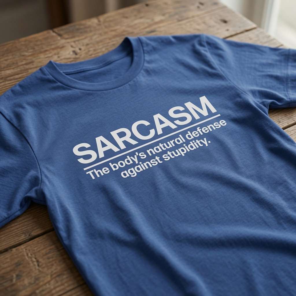 Blue SARCASM – The body’s natural defense against stupidity. t-shirt laid flat on a wooden surface with clean white text, fun and witty sarcastic mens quote design