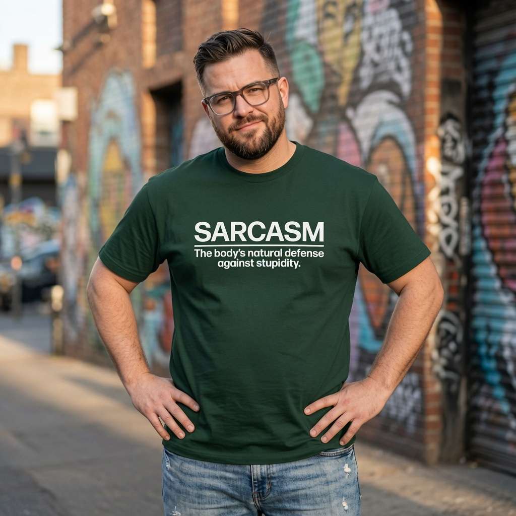 Man with glasses standing with hands on hips in a green SARCASM – The body’s natural defense against stupidity. t-shirt, fun mens witty sarcastic slogan that every dry-humoured bloke will claim