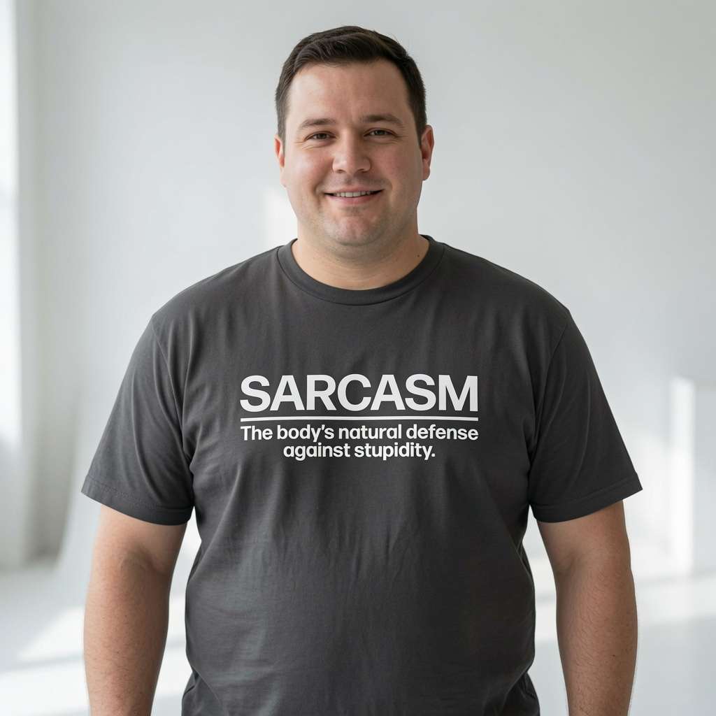 Man smiling while wearing a dark grey SARCASM – The body’s natural defense against stupidity. t-shirt, funny and cheeky mens witty slogan