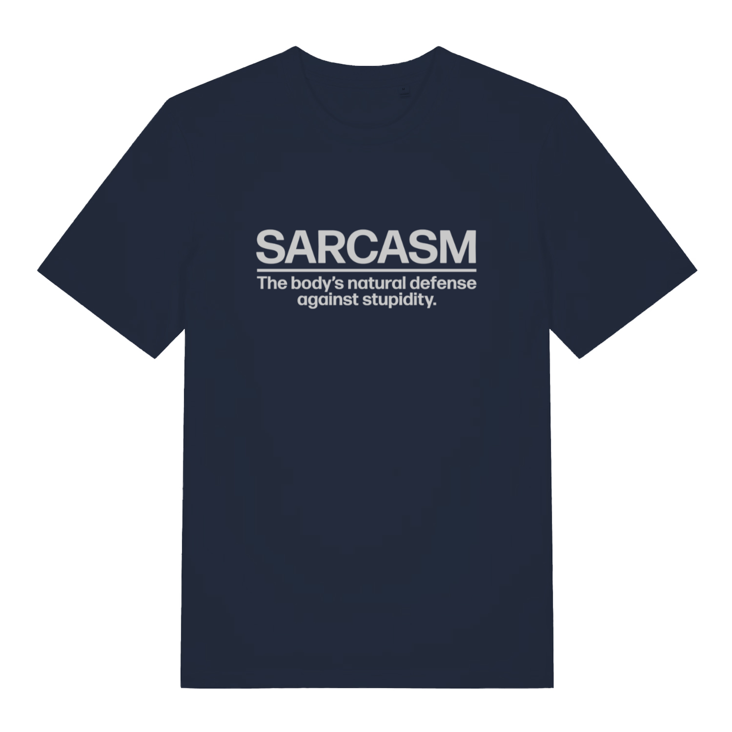 Navy Sarcasm funny slogan t-shirt with clean white defence against stupidity text  