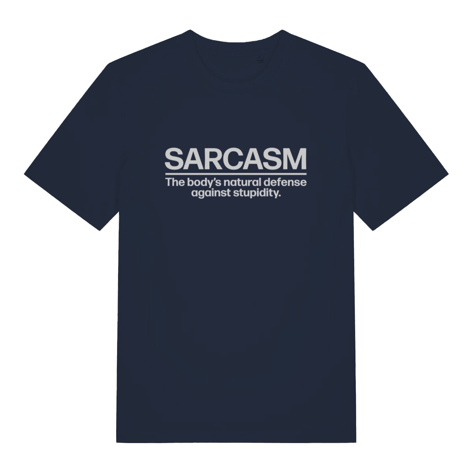 Navy Sarcasm funny slogan t-shirt with clean white defence against stupidity text  