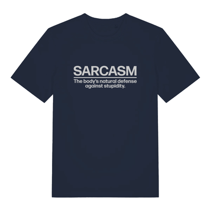 Navy Sarcasm funny slogan t-shirt with clean white defence against stupidity text  