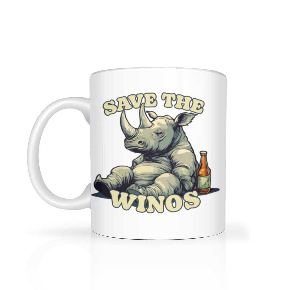 White mug featuring a relaxed cartoon rhinoceros beside a brown bottle, with bold “Save the Winos” lettering; playful, vintage-style animal conservation art.