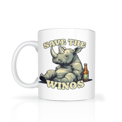 White mug featuring a relaxed cartoon rhinoceros beside a brown bottle, with bold “Save the Winos” lettering; playful, vintage-style animal conservation art.