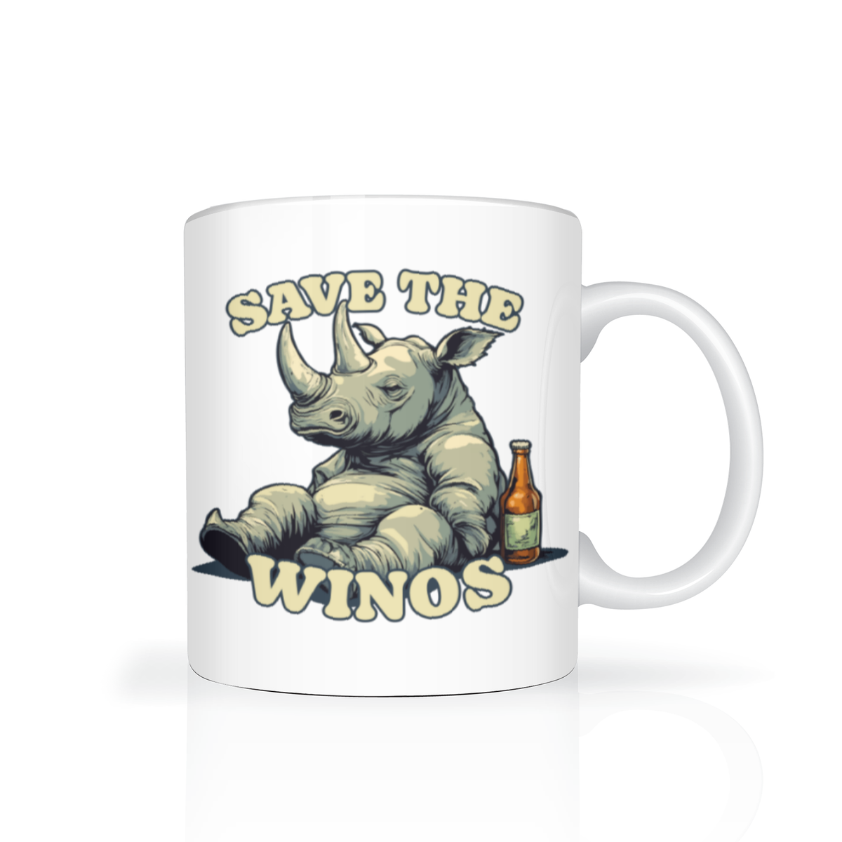 White mug featuring a cartoon rhino lounging beside a bottle, with the playful slogan “Save the Winos.” Humorous, vintage-style illustration.