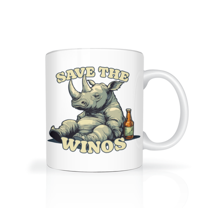 White mug featuring a cartoon rhino lounging beside a bottle, with the playful slogan “Save the Winos.” Humorous, vintage-style illustration.