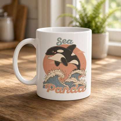 White ceramic mug on a sunlit wooden counter, featuring a playful orca leaping through stylized waves beneath “Sea Panda” lettering; warm, cheerful kitchen scene.