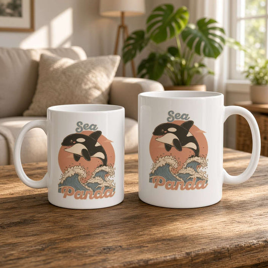 Two white ceramic mugs labeled “Sea Panda,” featuring a cartoon panda amid ocean waves, sit on a wooden table in a warm, sunlit living room.
