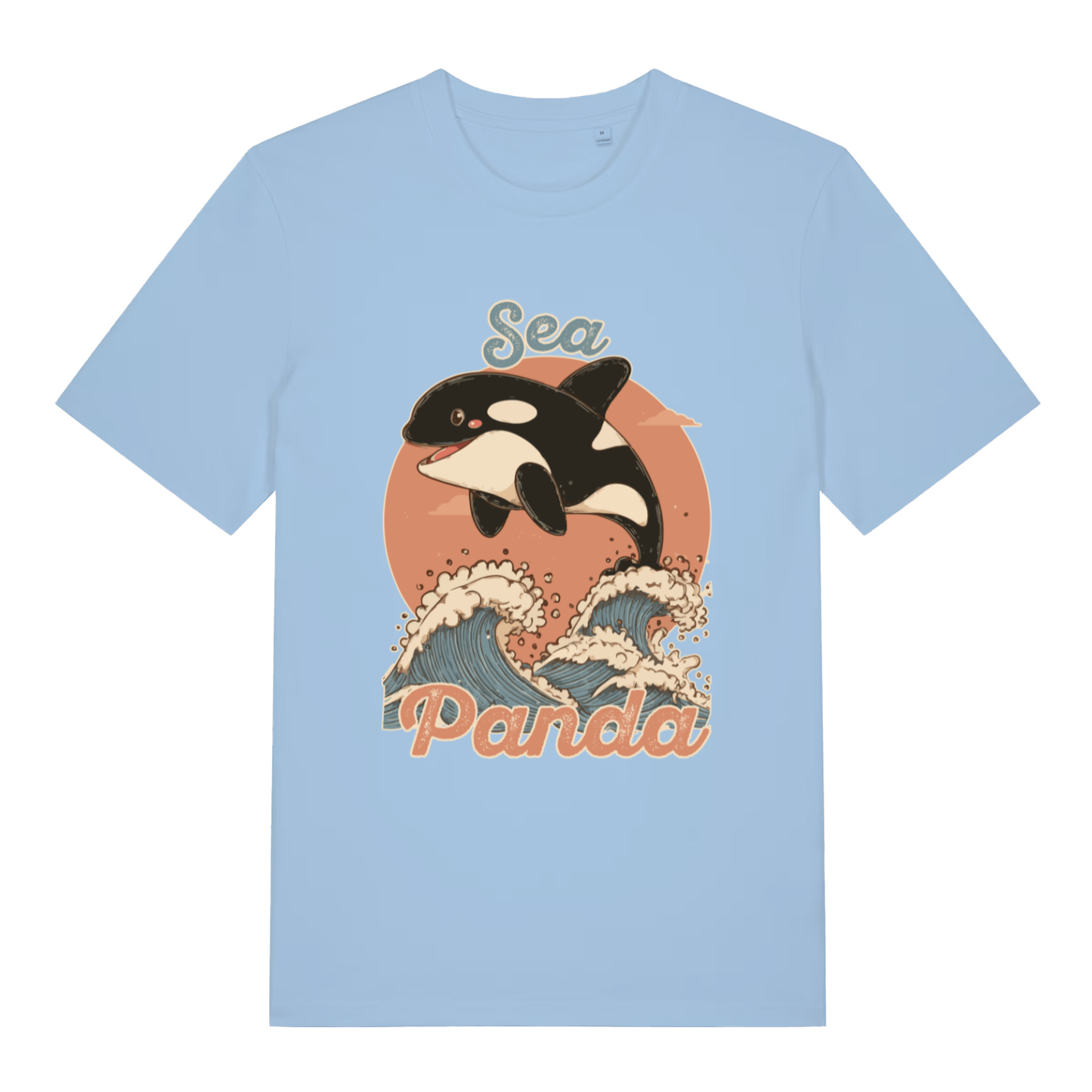 Blue Soul Sea Panda funny graphic t-shirt with smiling orca jumping from waves  