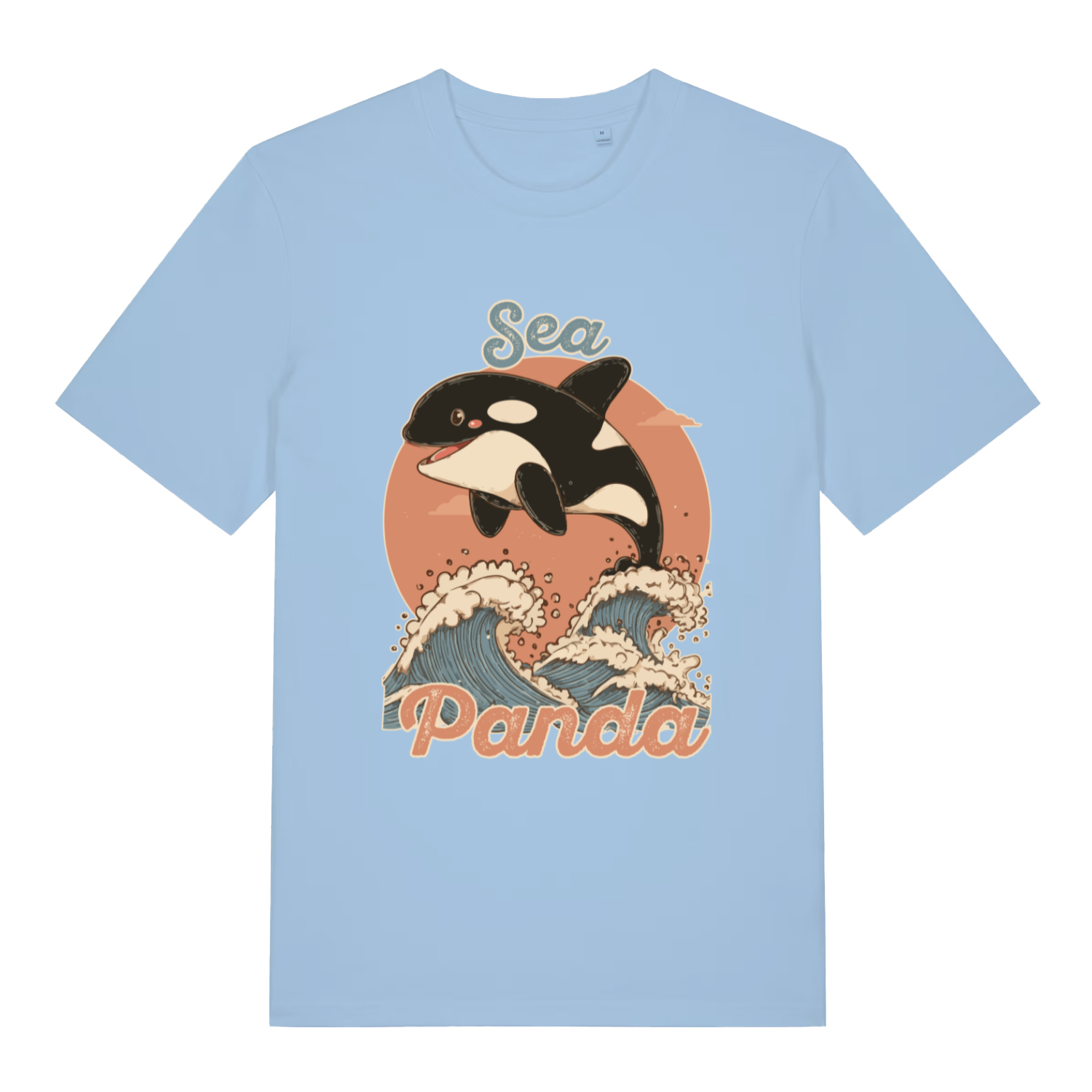 Blue Soul Sea Panda funny graphic t-shirt with smiling orca jumping from waves  