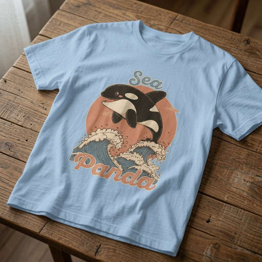 Light blue Sea Panda t-shirt laid flat on a wooden surface showing the full orca and wave graphic, funny and witty kawaii animal pun design