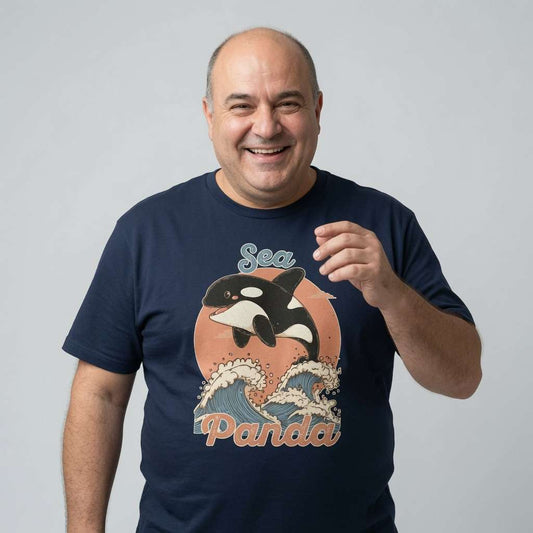 Bald man smiling in a navy Sea Panda t-shirt, funny and witty cute kawaii whale design that every ocean-loving lad will claim