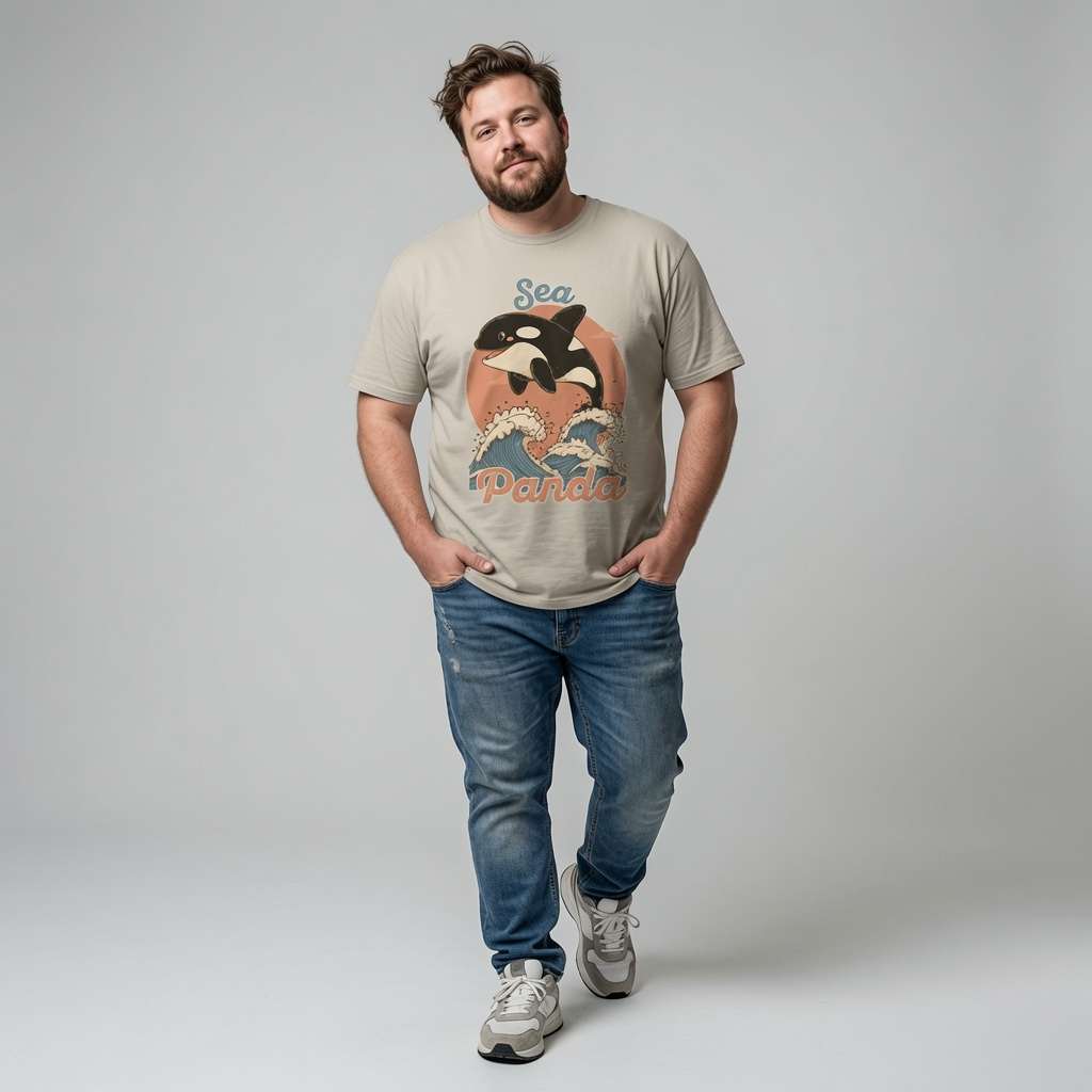 Bearded man standing with hands in his pockets while wearing a stone Sea Panda t-shirt featuring a cute orca leaping over waves, fun and witty mens kawaii animal graphic