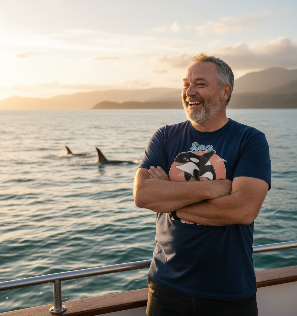 Man on a boat wearing a sea panda t-shirt, with orcas in the water at sunset