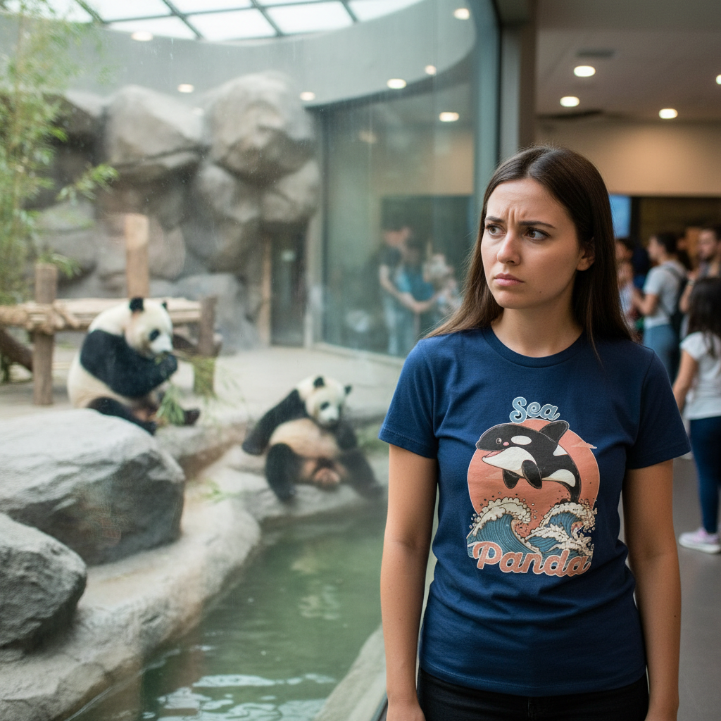 Woman wearing a blue sea panda t-shirt with an Orca design at a zoo