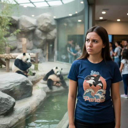 Woman wearing a blue sea panda t-shirt with an Orca design at a zoo