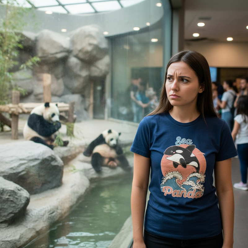 Woman wearing a blue sea panda t-shirt with an Orca design at a zoo