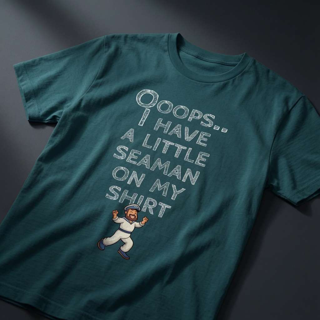 Teal green Ooops.. I Have a Little Seaman on My Shirt t-shirt laid flat showing the full text and tiny cartoon sailor, funny and cheeky offensive sailor ladies design
