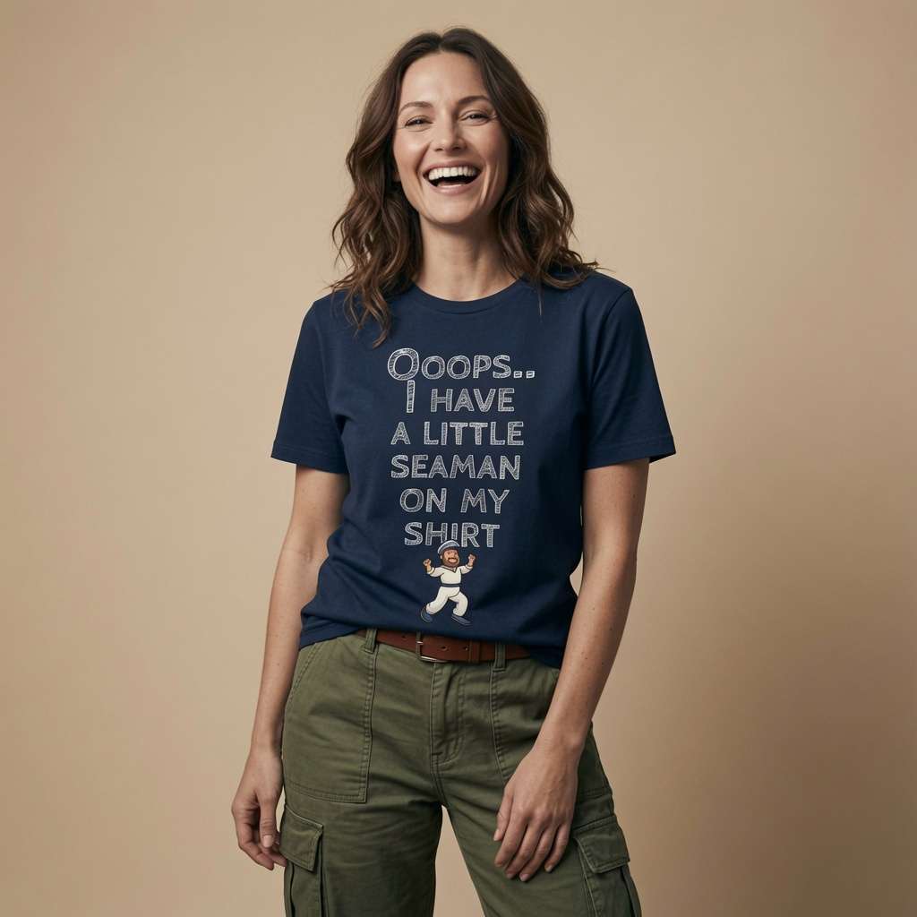 Woman laughing while wearing a navy Ooops.. I Have a Little Seaman on My Shirt t-shirt with the mini sailor graphic, rude ladies sailor fun slogan full of pure attitude