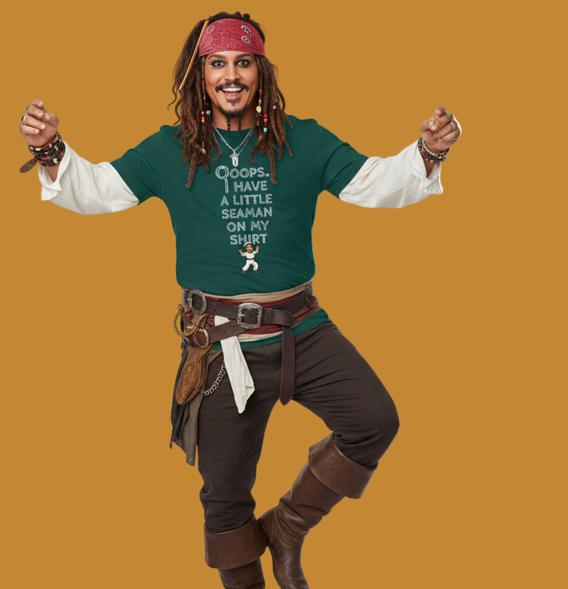 Person in pirate costume with humorous text on shirt against a yellow background