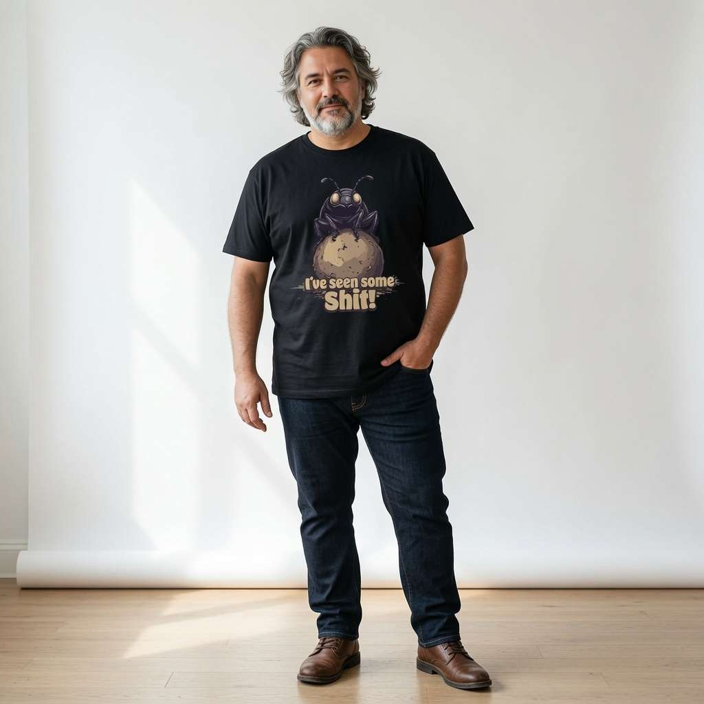 Bearded man with grey hair standing with one hand in his pocket while wearing a black I’ve seen some Shit! t-shirt featuring a dung beetle on a ball of dung, funny mens dung beetle pun graphic