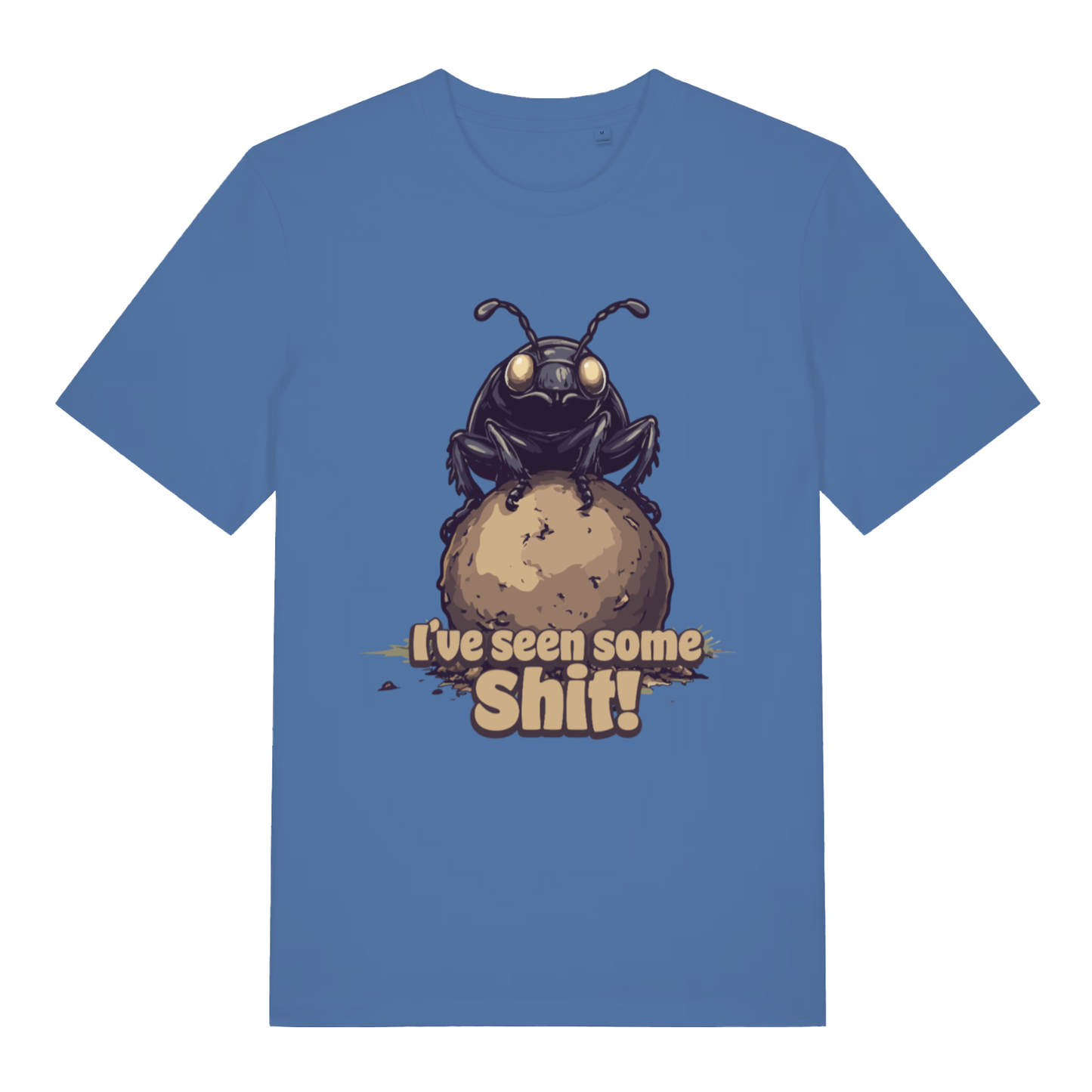 Bright blue I’ve Seen Some Shit funny graphic t-shirt featuring cheeky dung beetle artwork  