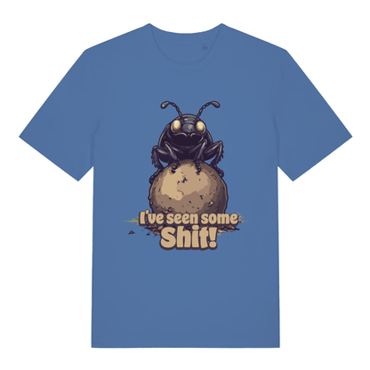 Bright blue I’ve Seen Some Shit funny graphic t-shirt featuring cheeky dung beetle artwork  