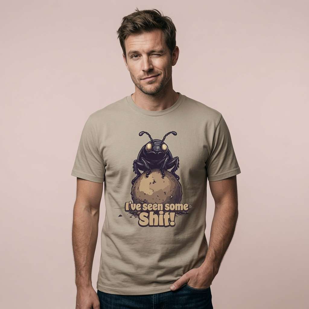 Man winking while wearing a stone I’ve seen some Shit! t-shirt with the full dung beetle graphic, funny and rude witty dung beetle design
