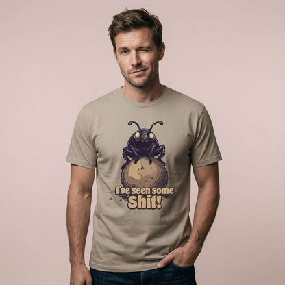Man winking while wearing a stone I’ve seen some Shit! t-shirt with the full dung beetle graphic, funny and rude witty dung beetle design