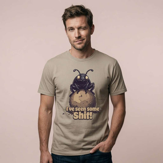 Man winking while wearing a stone I’ve seen some Shit! t-shirt with the full dung beetle graphic, funny and rude witty dung beetle design