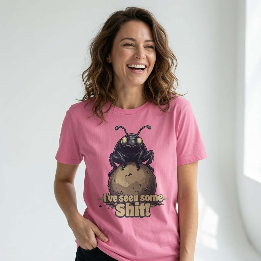 Woman laughing in a bubble pink I’ve seen some Shit! t-shirt, animal pun graphic that every world-weary lady will claim