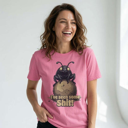 Woman laughing in a bubble pink I’ve seen some Shit! t-shirt, animal pun graphic that every world-weary lady will claim