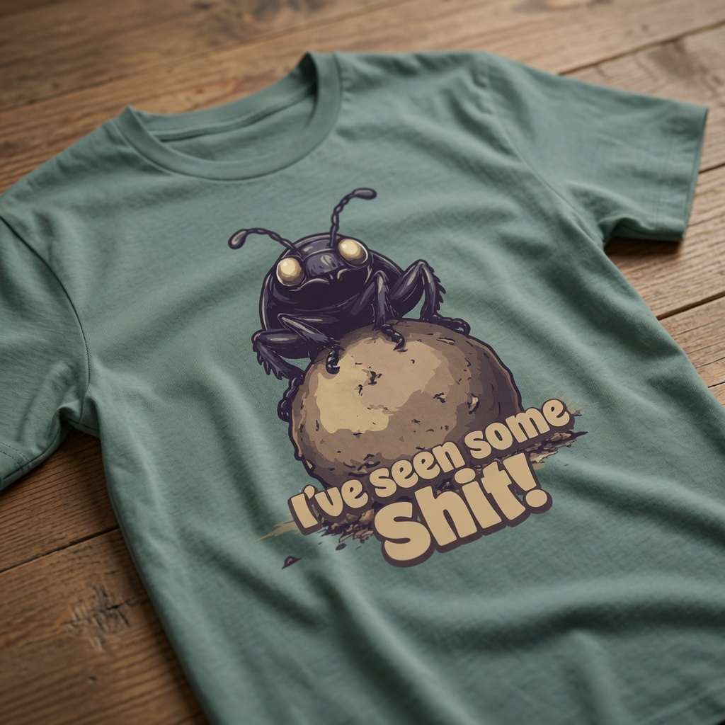 Glazed green I’ve seen some Shit! t-shirt laid flat on a wooden surface featuring a dung beetle on a ball of dung, humorous insect pun design